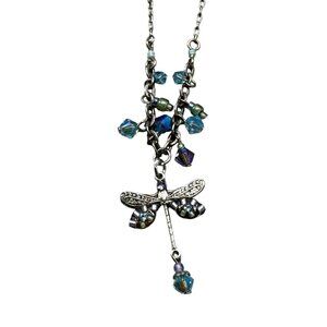 Dragonfly Pendant Necklace With Iridescent Beads On Silver Chain Firefly Jewelry